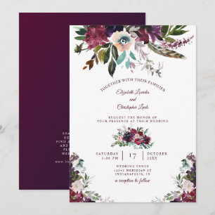 Convite Casamento Floral Pintado de Watercolor Burgundy