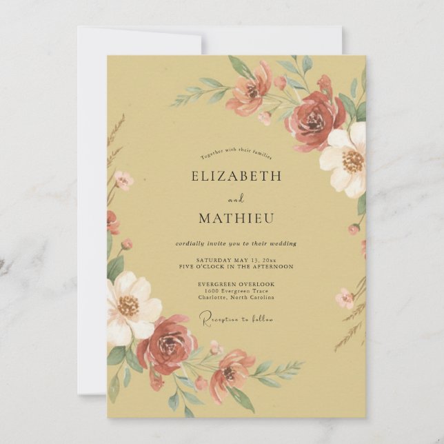 Convite Casamento Floral Pintado Dourado (Frente)