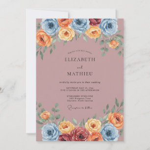 Convite Casamento Floral Pintado em Azul Empoeirado