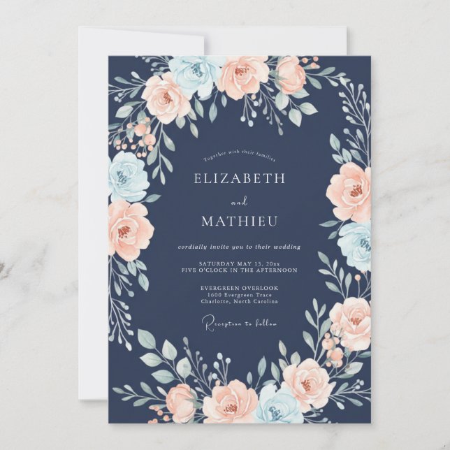 Convite Casamento Floral Pintado em Azul Marinho (Frente)