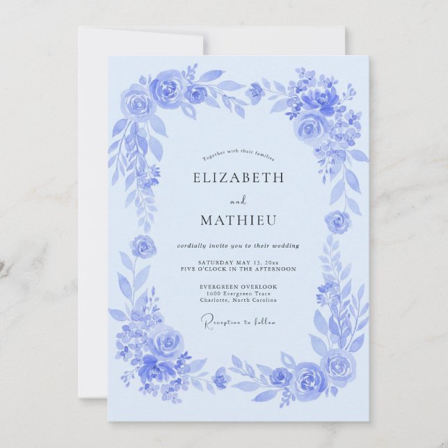 Convite Casamento Floral Pintado em Azul Pó (Frente)