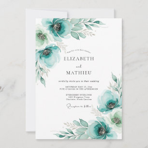 Convite Casamento Floral Pintado em Azul Turquesa