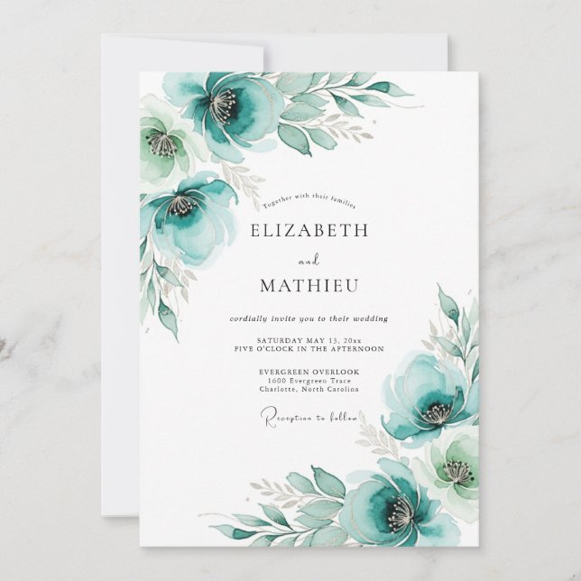Convite Casamento Floral Pintado em Azul Turquesa (Frente)