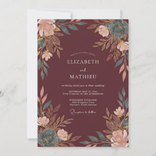 Convite Casamento Floral Pintado em Borgonha
