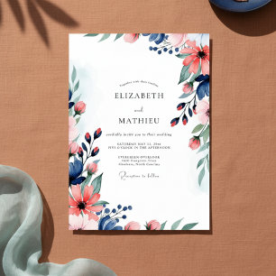 Convite Casamento Floral Pintado em Coral e Azul Marinho