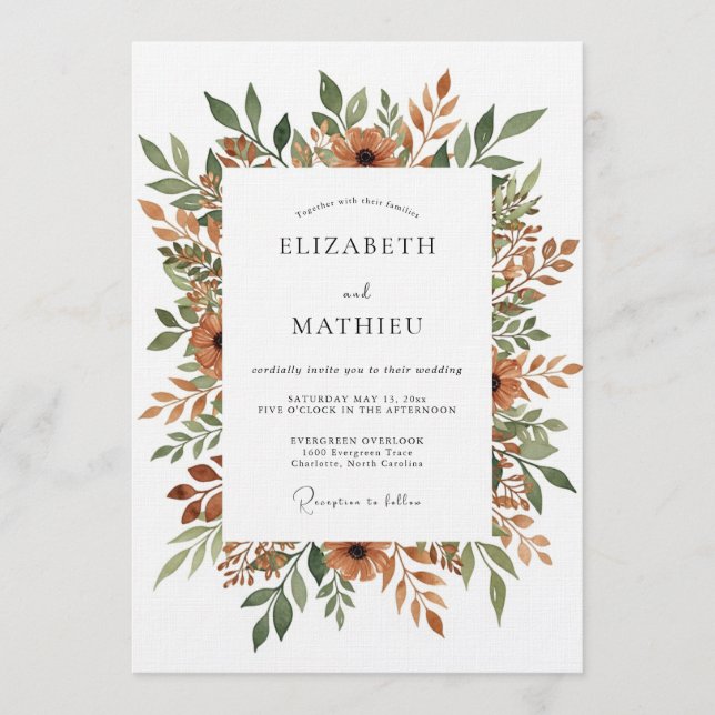 Convite Casamento Floral Pintado em Laranja Queimado (Frente)