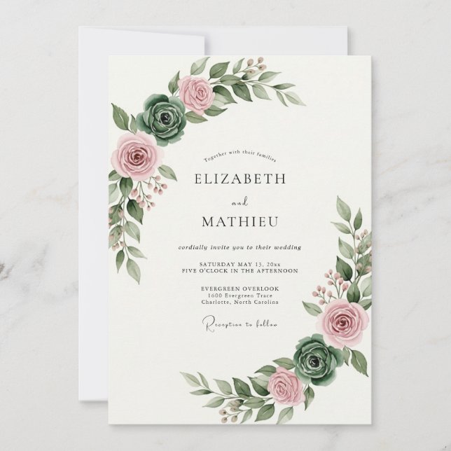 Convite Casamento Floral Pintado em Rosa Corado (Frente)