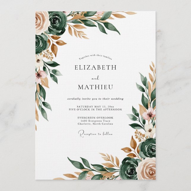 Convite Casamento Floral Pintado em Verde Sage (Frente)