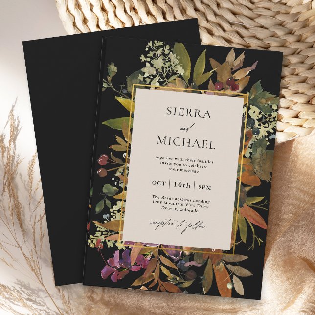Convite Casamento Floral Pintado por Aquarelas Boho Negra (Fall floral wedding invitations with boho watercolor painted florals
)