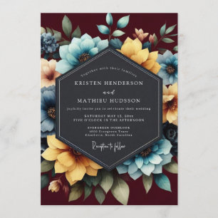 Convite Casamento Floral Pintura em Verde-azulado e Burgun