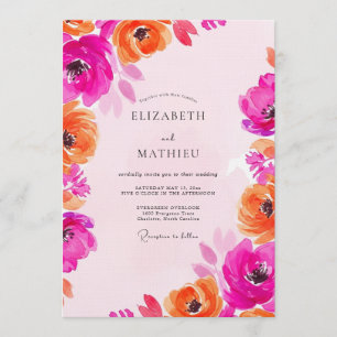 Convite Casamento Floral Pintura Fuchsia e Laranja
