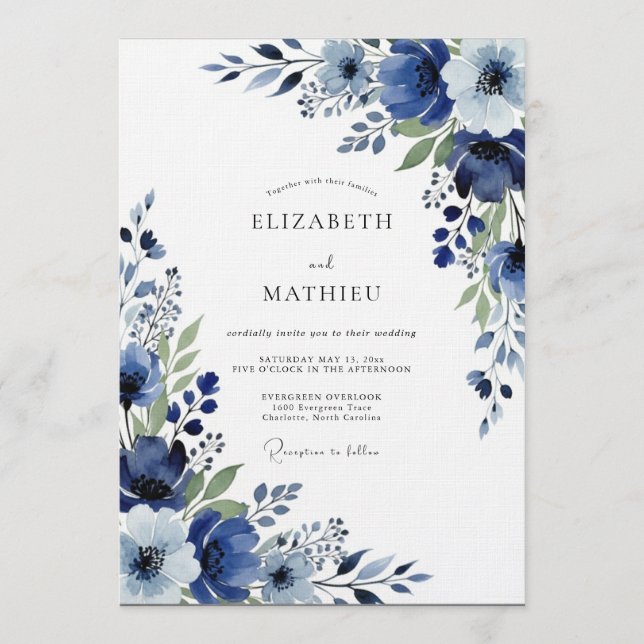 Convite Casamento Floral Pintura Índigo (Frente)