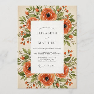 Convite Casamento Floral Pintura Laranja