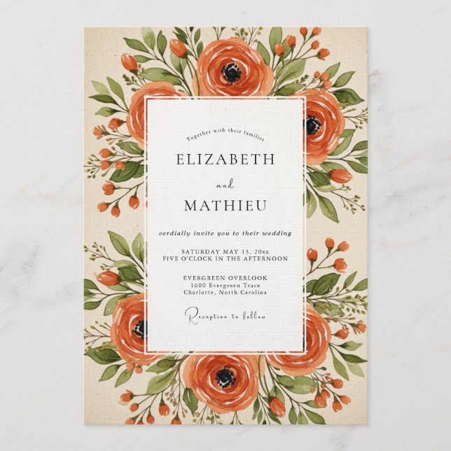 Convite Casamento Floral Pintura Laranja (Frente)