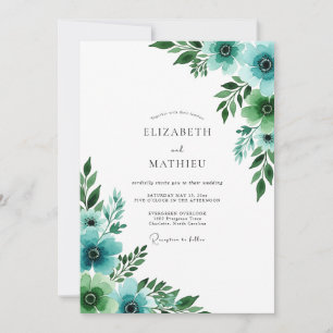 Convite Casamento Floral Pitoresco em Azul Turquesa