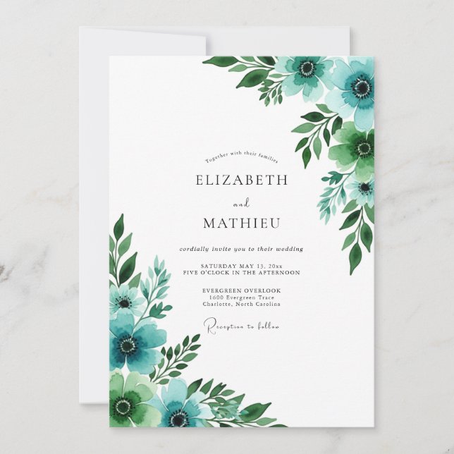 Convite Casamento Floral Pitoresco em Azul Turquesa (Frente)
