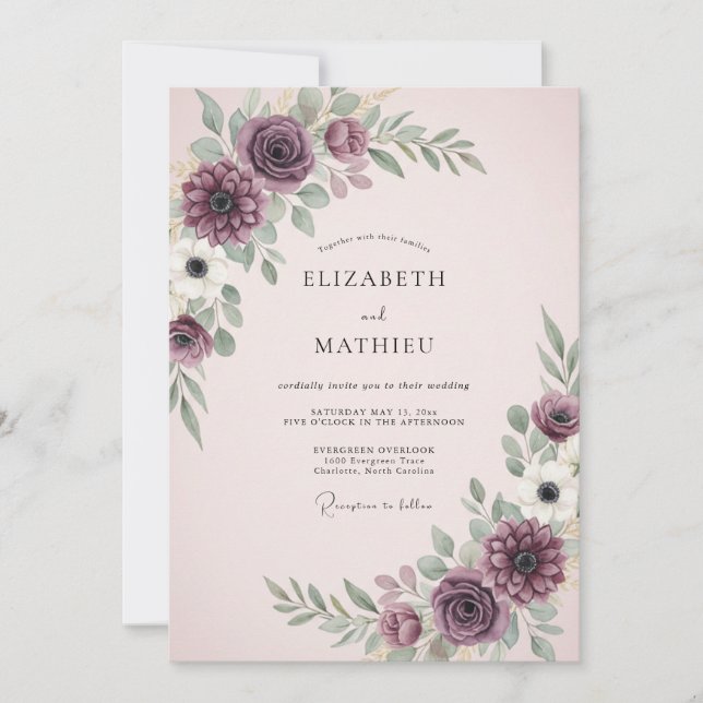 Convite Casamento Floral Plum Moody (Frente)