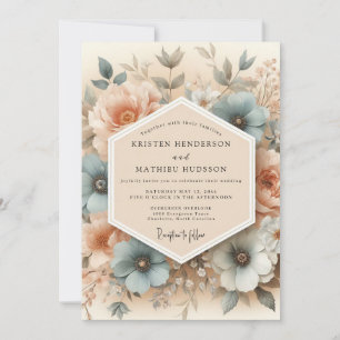 Convite Casamento Floral Poético Azul Empoeirado