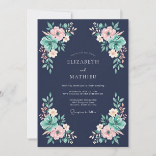 Convite Casamento Floral Poético Azul Marinho