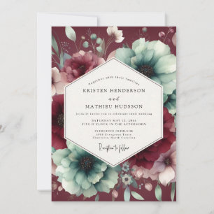 Convite Casamento Floral Poético em Borgonha e Azul Turque