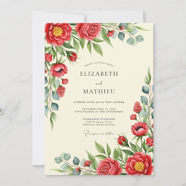 Convite Casamento Floral Poético Vermelho (Frente)