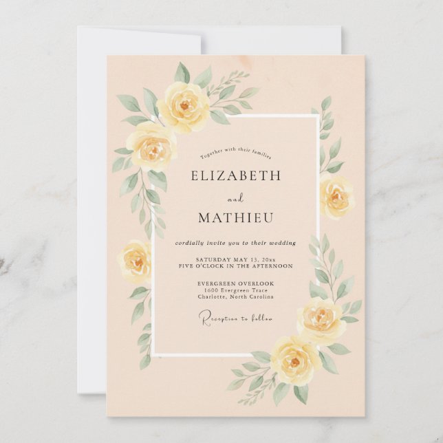 Convite Casamento Floral Polido em Pêssego (Frente)