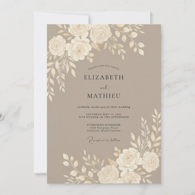 Convite Casamento Floral Polido Mocha (Frente)