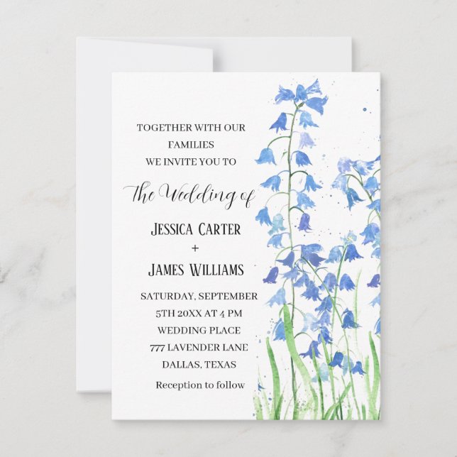 Convite Casamento Floral por Aquarela Bluebells (Frente)