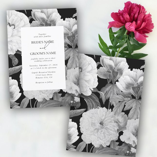 Convite Casamento Floral por Aquarela de Peões Pretos e Br (Black & White Peonies Watercolor Floral Wedding Invitation)