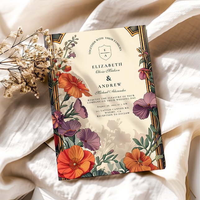 Convite Casamento Floral Pôr do Sol Art Nouveau (Criador carregado)