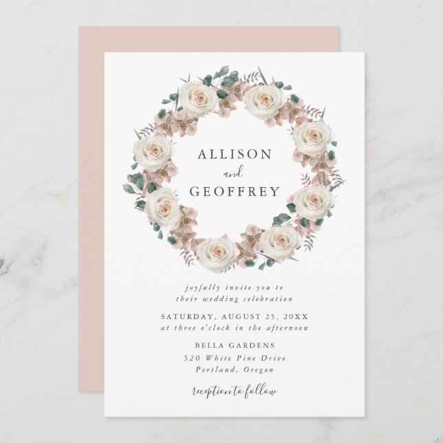 Convite Casamento Floral por Wreath com Rosas de Aquarelas (Frente/Verso)