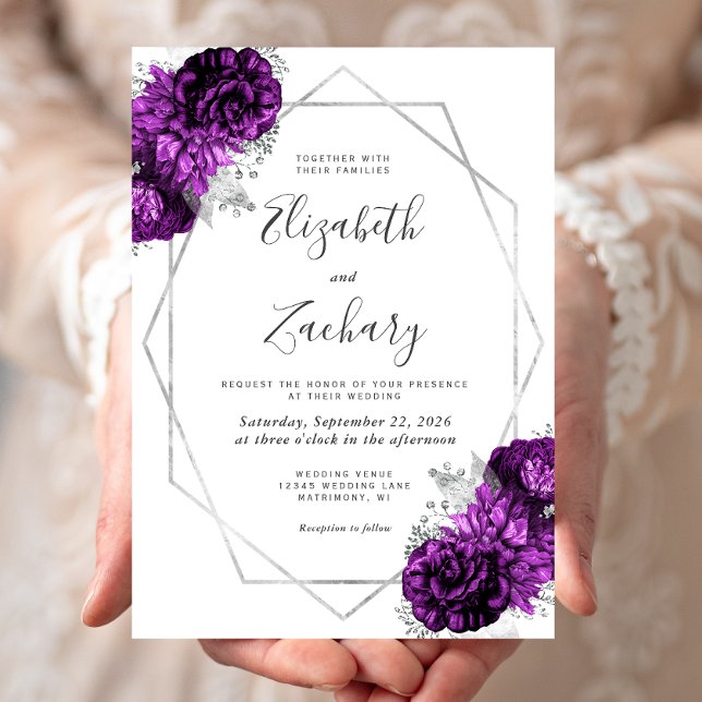 Convite Casamento Floral Prata Ameixa Roxa Branco (Criador carregado)