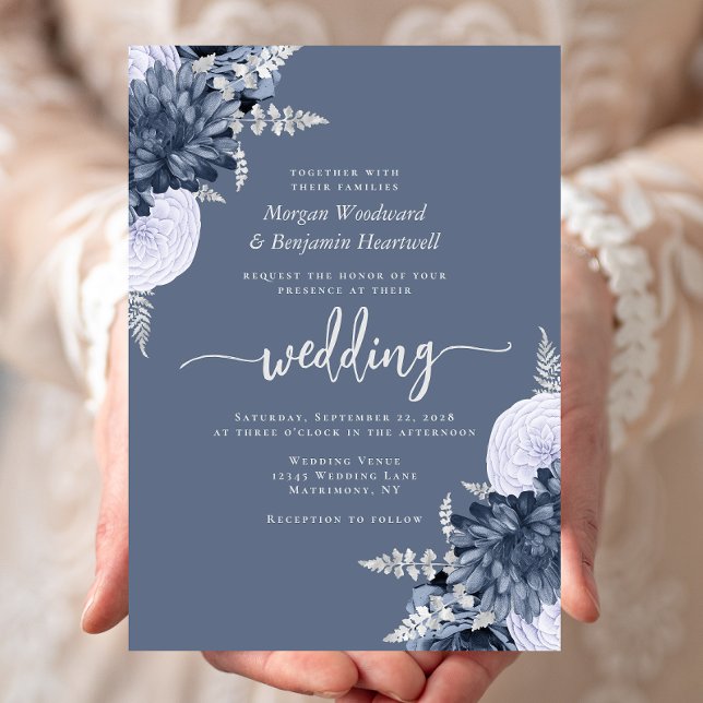 Convite Casamento Floral Prata Azul Empoeirado (Criador carregado)