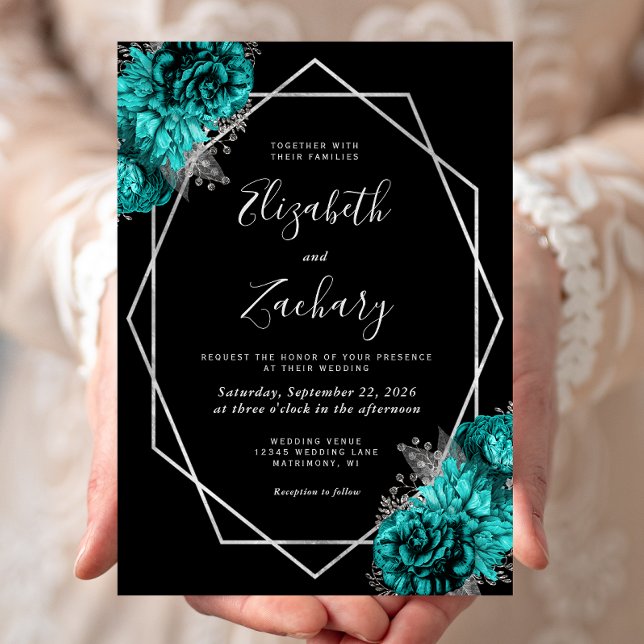 Convite Casamento Floral Prata Azul Turquesa Preto (Criador carregado)