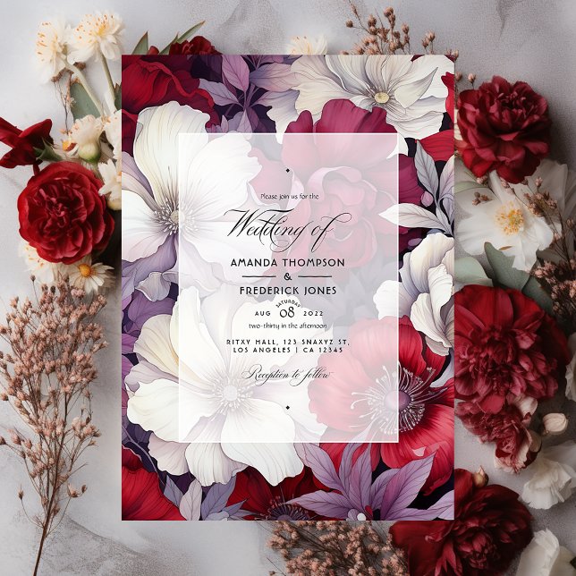 Convite Casamento Floral Prata, Branco e Vermelho Intenso (Criador carregado)