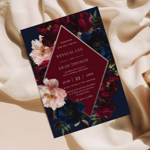 Convite Casamento Floral Prata Burgundy Blush Navy