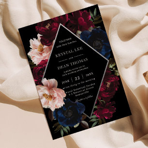 Convite Casamento Floral Prata Rosa Borgonha Preto