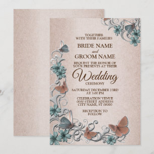 Convite Casamento Floral Prata Verde-Cobre Borboleta Bege