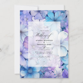 Convite Casamento Floral Prateado, Azul Gélido e Lilás