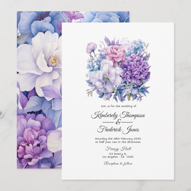 Convite Casamento Floral Prateado, Azul Gelo e Lilás (Frente/Verso)
