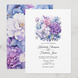 Convite Casamento Floral Prateado, Azul Gelo e Lilás