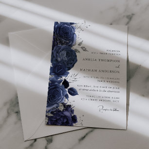 Convite Casamento Floral Prateado Azul Marinho Elegante