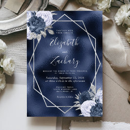 Convite Casamento Floral Prateado Azul Poeirento Naval