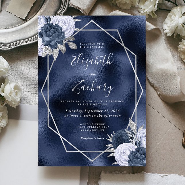 Convite Casamento Floral Prateado Azul Poeirento Naval (Criador carregado)