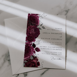 Convite Casamento Floral Prateado Burgundy Elegante