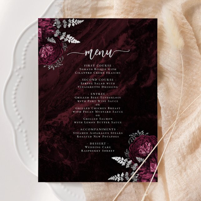 Convite Casamento Floral Prateado Burgundy Elegante (Criador carregado)