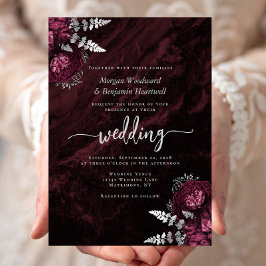 Convite Casamento Floral Prateado Burgundy Elegante