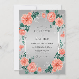 Convite Casamento Floral Prateado Radiante de Coral