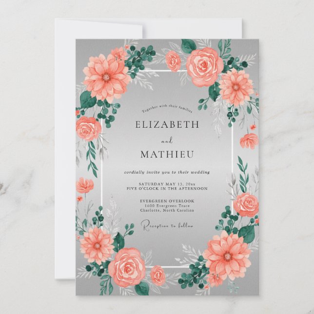 Convite Casamento Floral Prateado Radiante de Coral (Frente)