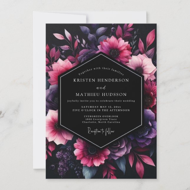 Convite Casamento Floral Preto Âmbar (Frente)